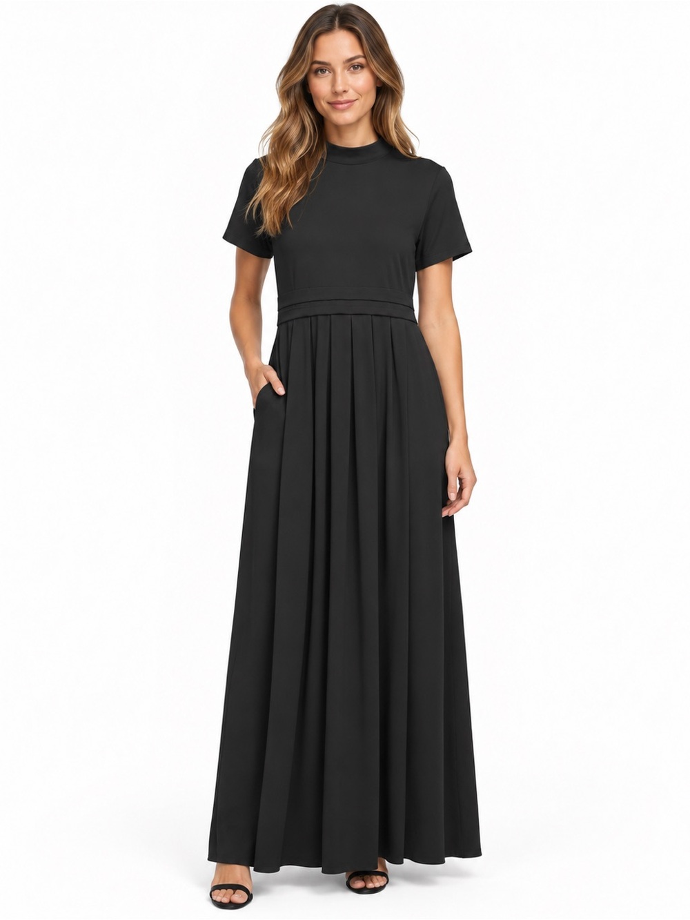 HALARA Black Short-Sleeve Pleated Maxi Dress